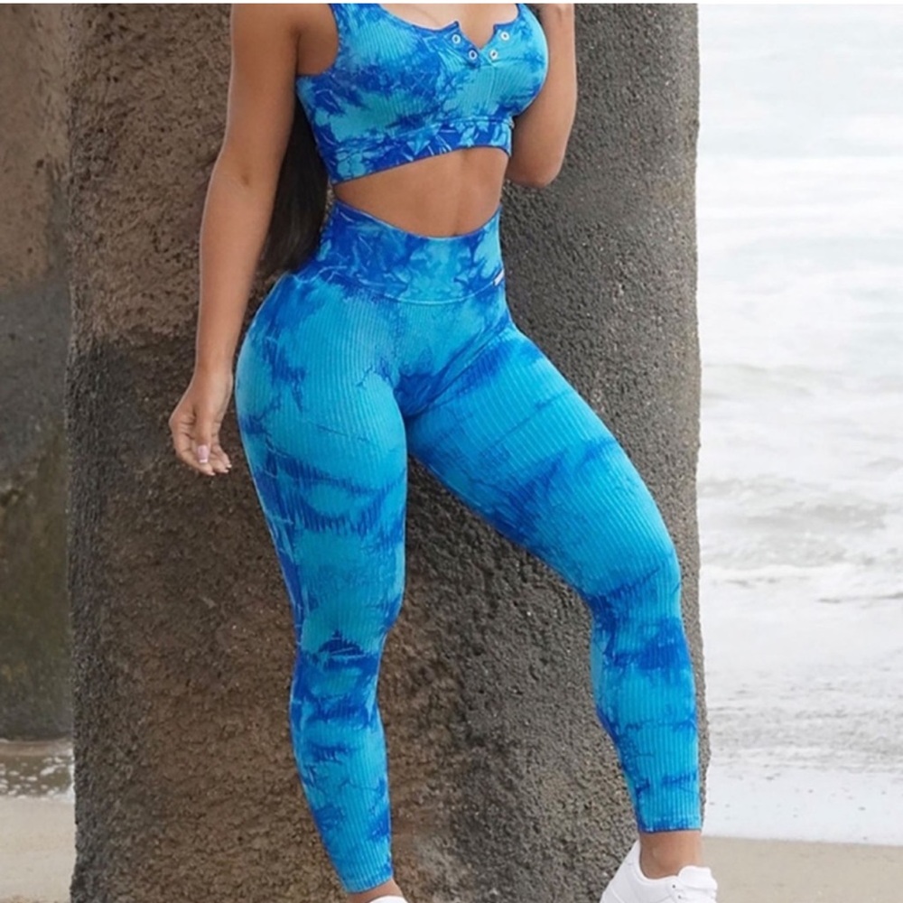 Tie Dye blue Bombshell bra and  leggings set